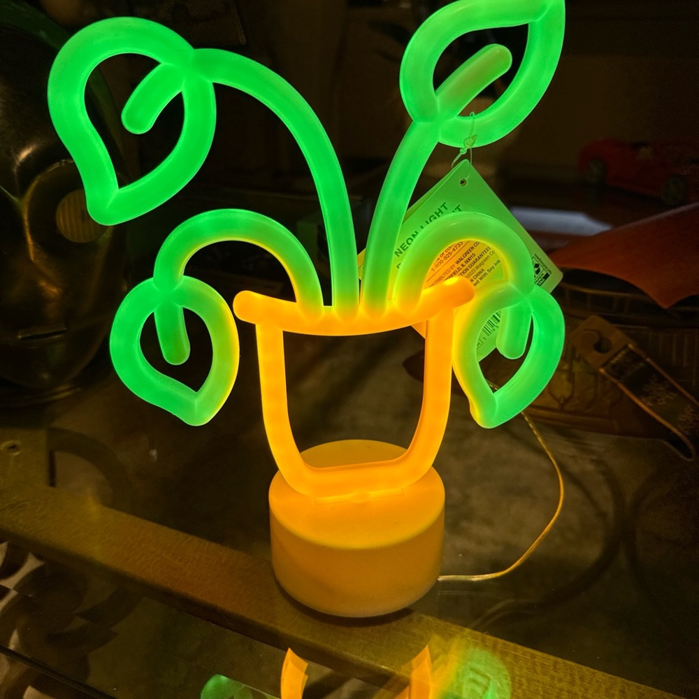 Neon Plant Pot 10” Tall Plastic LED Light - Green & Yellow Battery Operated